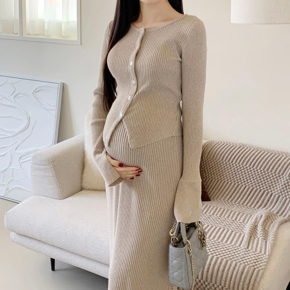 멜로디 골지 슬림 니트 가디건 스커트 임산부투피스 세트 만삭 임부복