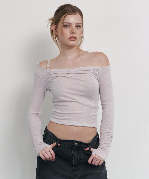 Halo Unbal Shirring Long Sleeve Top (Dusty Pink)