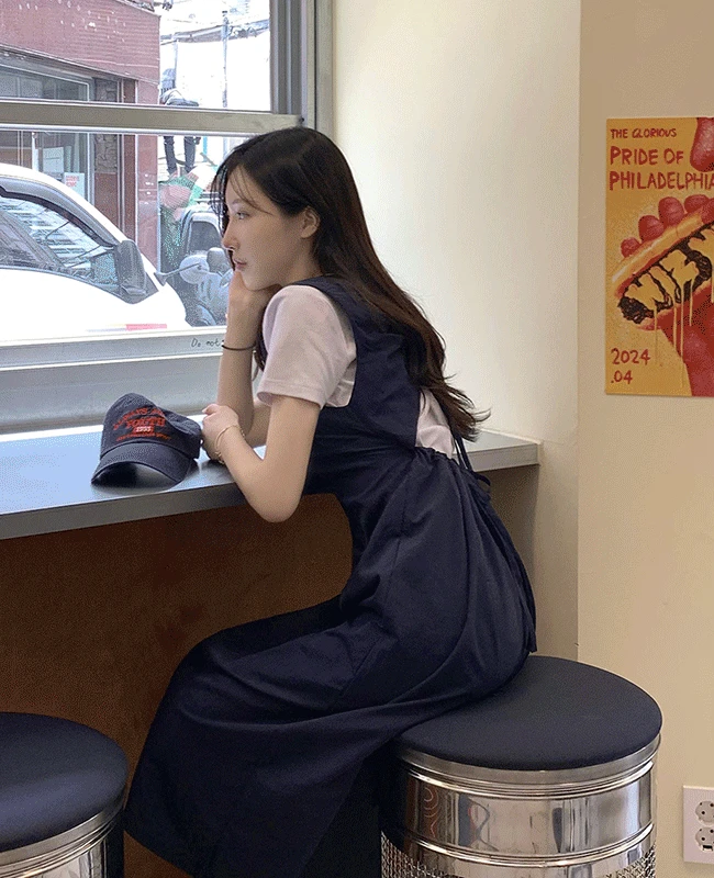 썸머 나일론 백셔링 트임 스트랩 나시 롱원피스