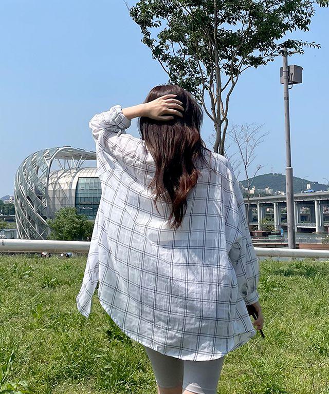 [2color] [자외선차단] 체크 아사면 린넨 롱 블라우스 여름 긴팔 남방 퍼프 셔츠