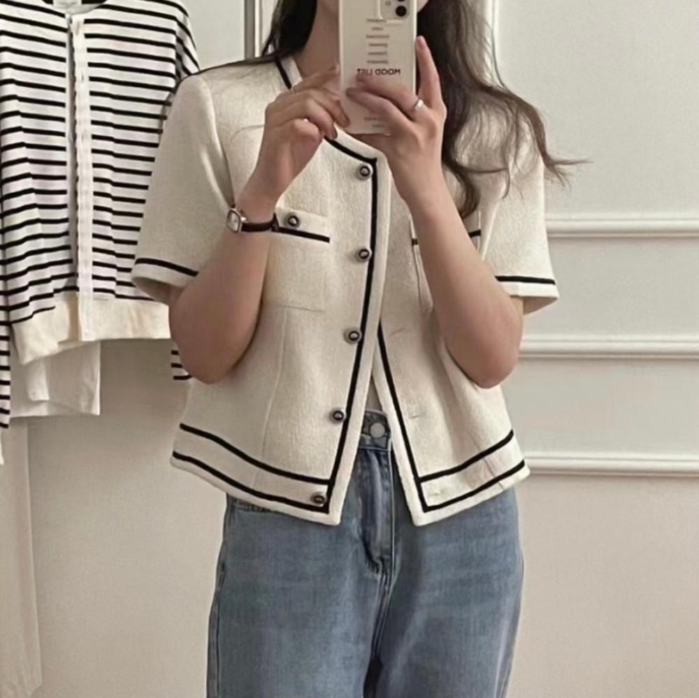 배색 트위드자켓 반팔 여성 재킷