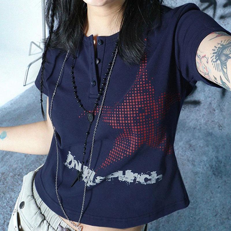 Xingqing 하라주쿠 크롭탑 일본 스타일 스타 패턴 라운드넥 반팔 티셔츠, 그래픽 티, y2k 여성 의류, 스트리트웨어