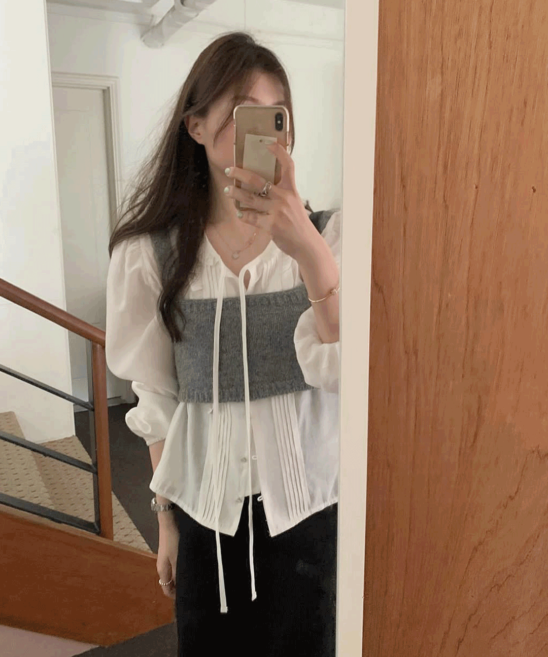 다므 울 크롭 니트 뷔스티에 (2color) 끈 스퀘어 아일렛 리본 니트조끼 베스트