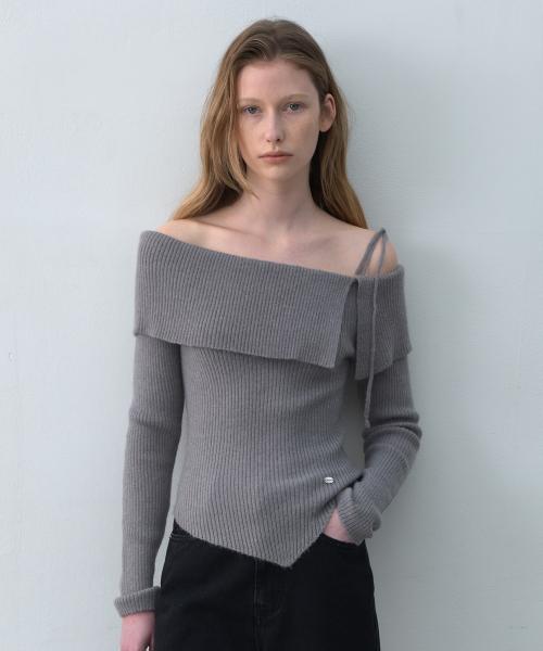 MOHAIR WOOL BLENDED OFF SHOULDER KNIT GRAY