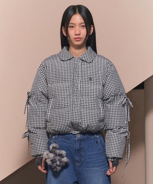 리본 카라 숏 푸퍼 (BLACK CHECK)_F24ZA955