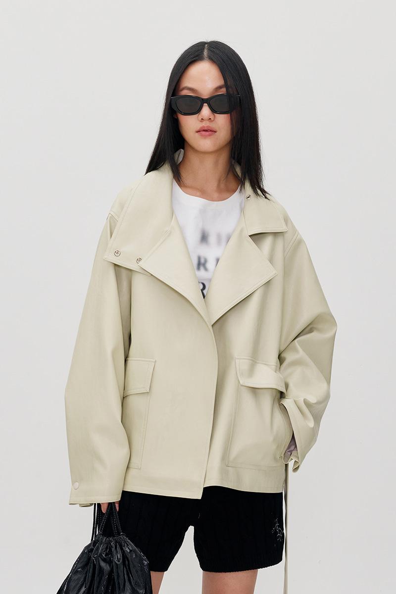 [3rd] FUNNEL NECK TIE WAIST VEGAN LEATHER JACKET VANILLA