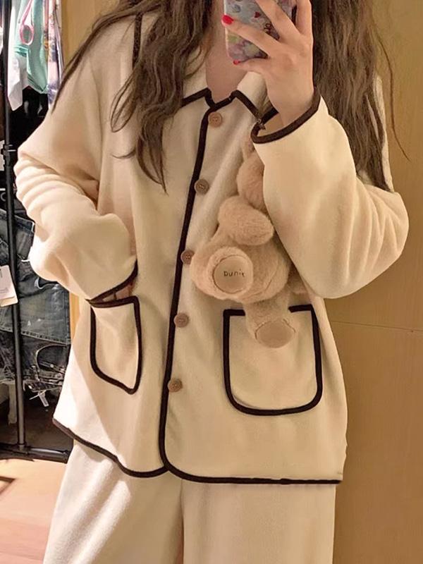 크리미 도톰 피치기모 긴팔 상하세트 파자마 수면 잠옷