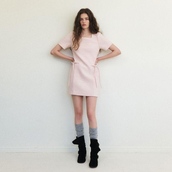 Strap Tweed Mini Dress, Light Pink