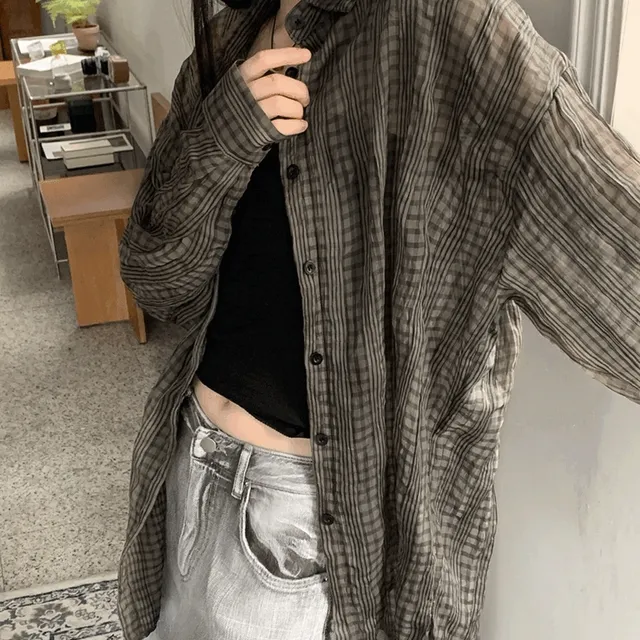 힐치 시어서커 시스루 체크 패턴 박시 오버핏 긴팔 남방 셔츠