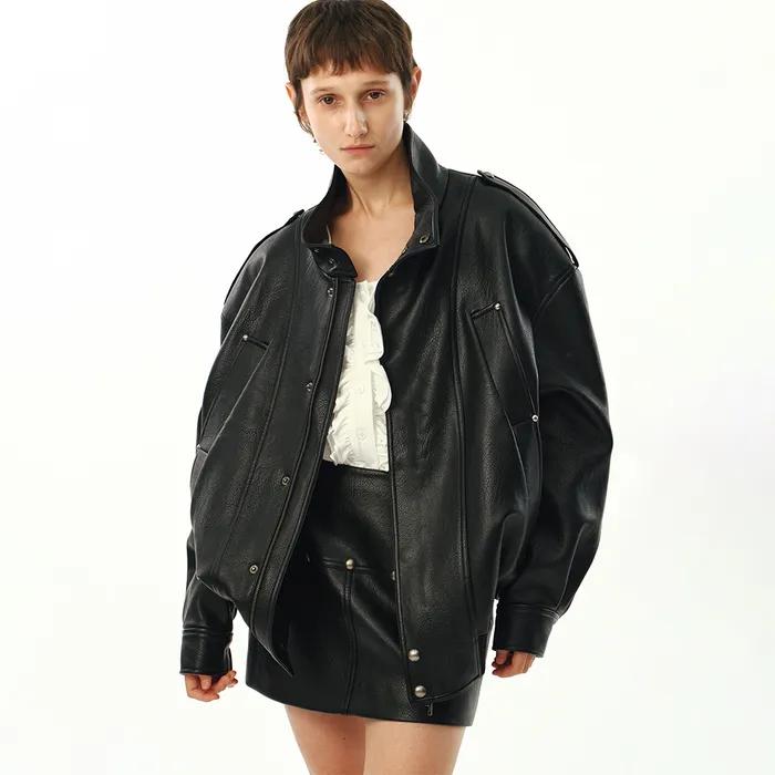 UNISEX, 4 Pocket Oversized Leather Blouson / Black