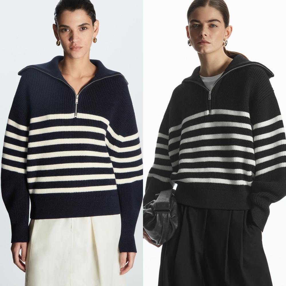 COS 코스 여성 니티드 하프집업 점퍼 스트라이프 무지 블랙 네이비 그레이