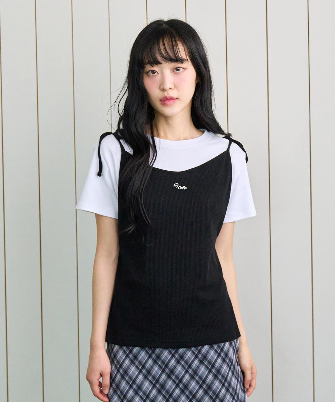 나시 레이어드 플라워 티 블랙