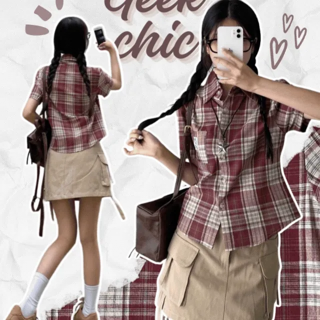 |🚀오늘배송|  [여름신상/데일리] 라벨 포인트 빈티지 크롭 체크 반팔셔츠