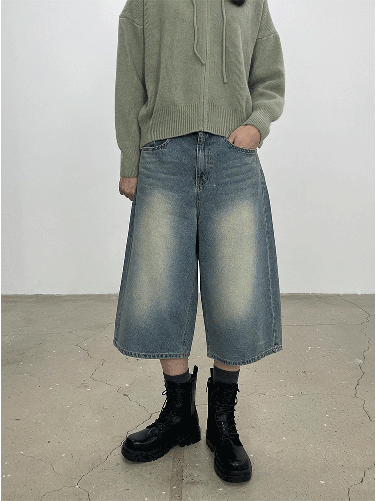 레이드 빈티지워싱 데님 7부 반바지