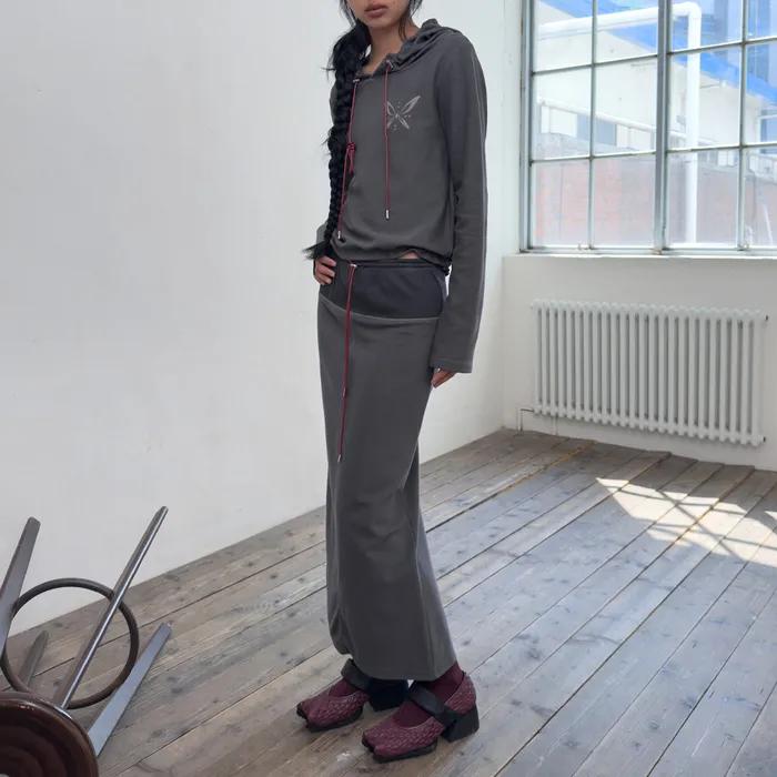 LEATHER STRING TERRY LONG SKIRT-CHARCOAL