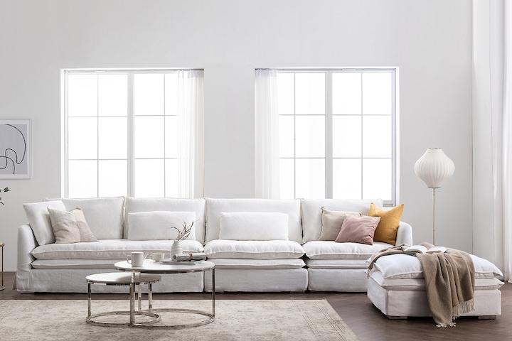 연출쿠션+풀커버증정 로제따 6인 린넨 구스다운 워셔블 패브릭 소파(스툴 추가 구매)