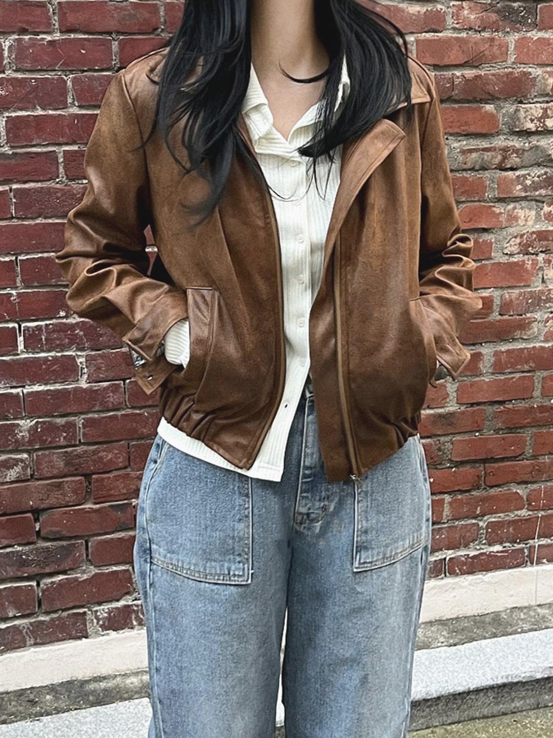 벤어웨이 [1천장판매🤎/후기보증] 빈스 빈티지 레더 카라 블루종 점퍼 2C