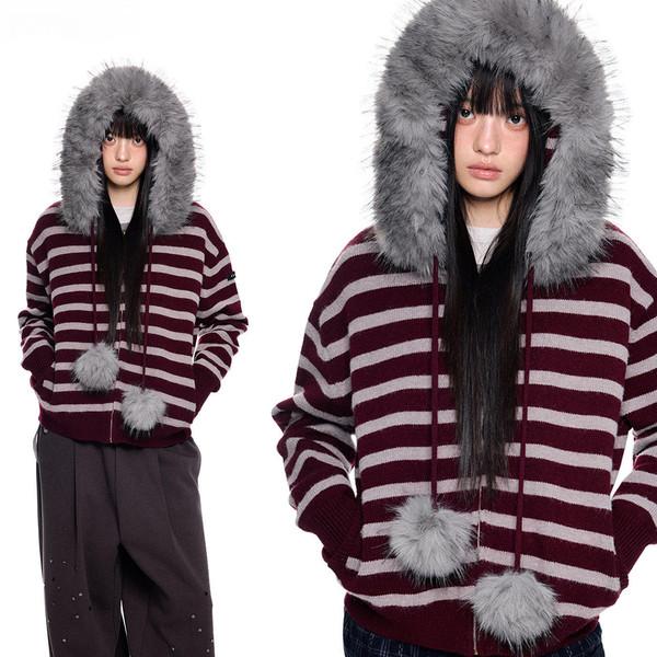 Pom-Pom Stripe Zip Hoodie