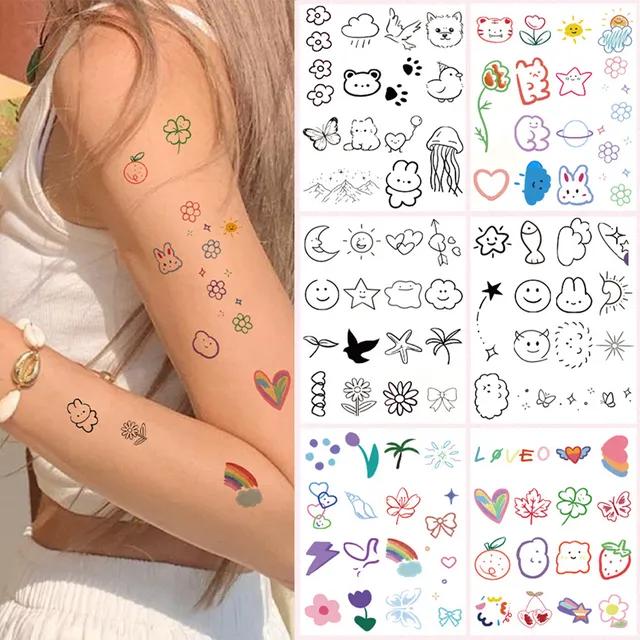 [6장세트] 🎨멀티컬러🎨 드로잉 미니 타투 스티커 - 데이데이 여름 꽃 타투 별타투 고양이타투 토끼타투 하트타투 에이블리 무지개타투 수채화 새타투