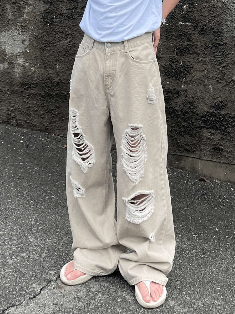 베이지 디스 와이드 데님 팬츠
