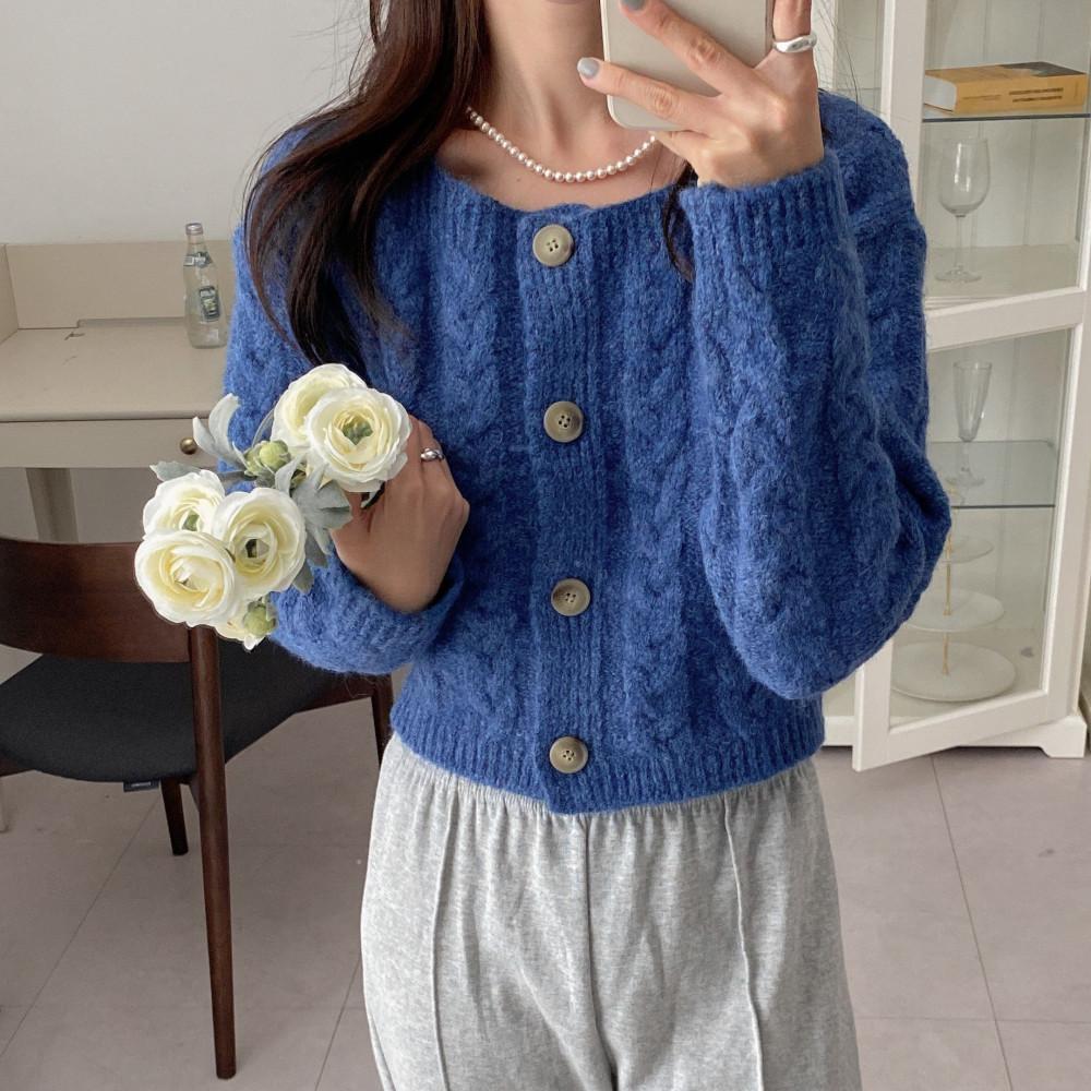 모티 도톰 꽈배기 크롭 가디건 라운드넥 케이블 울 미니가디건