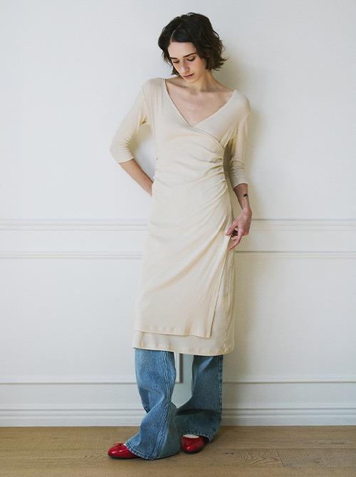 Shirring Wrap Dress (L/Beige)