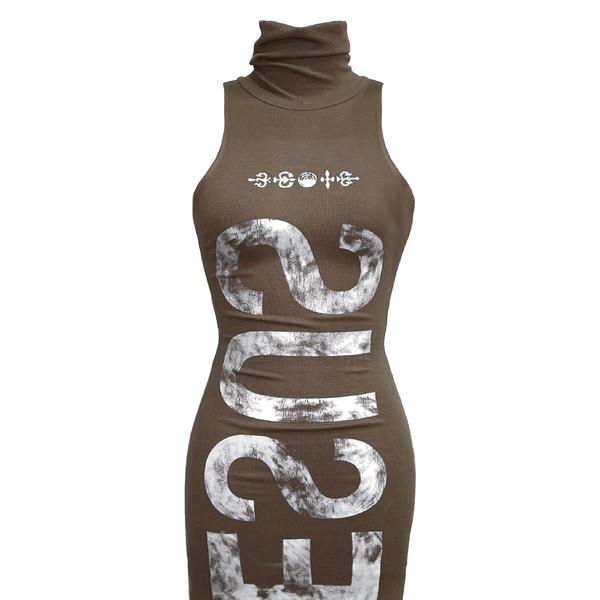 RIPPED TEXT SLIM DRESS IN OLIVE