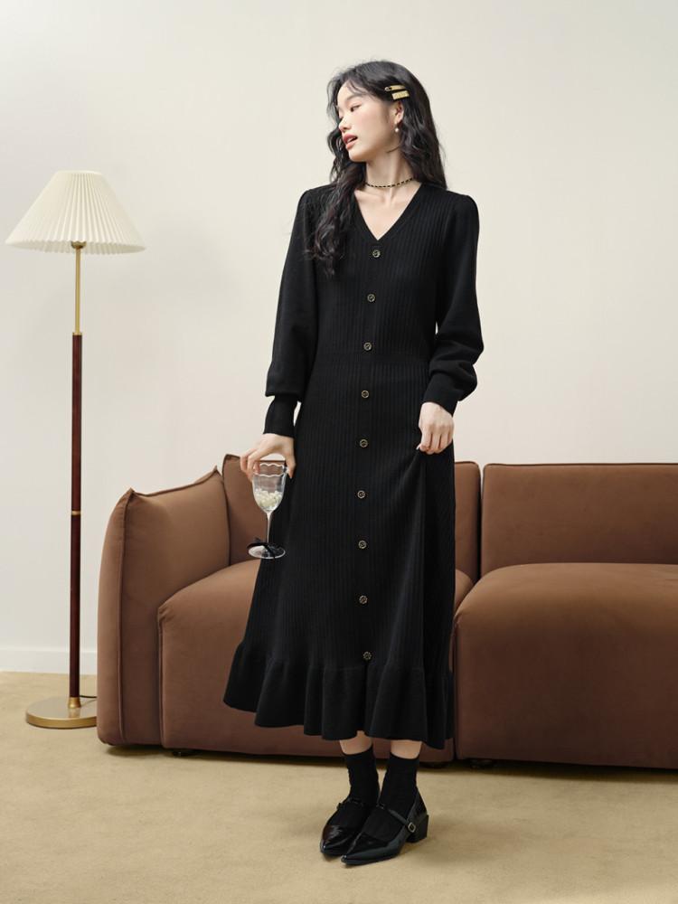 [KUOSE] 쿠오세 여성 롱 슬리브 엘레강스 블랙 니트 원피스