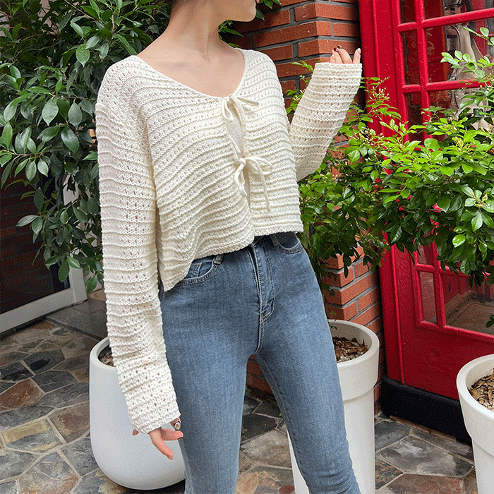 [니트탱크탑!/세트템] 라이 스트링 펀칭 리본 가디건 탑 세트