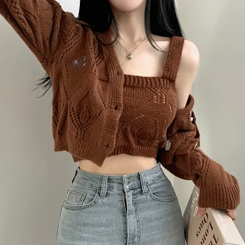[나시+가디건set] 펀칭 자수 크롭 가디건+뷔스티에 끈나시 세트