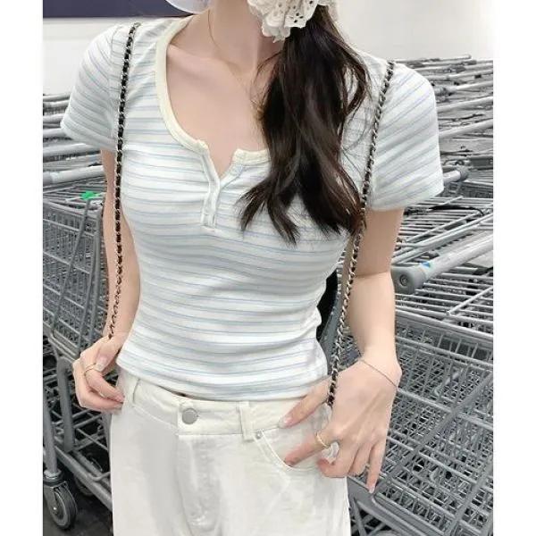 스크라이프 유넥 단추 슬림핏 숏 반팔 크롭티 여리핏