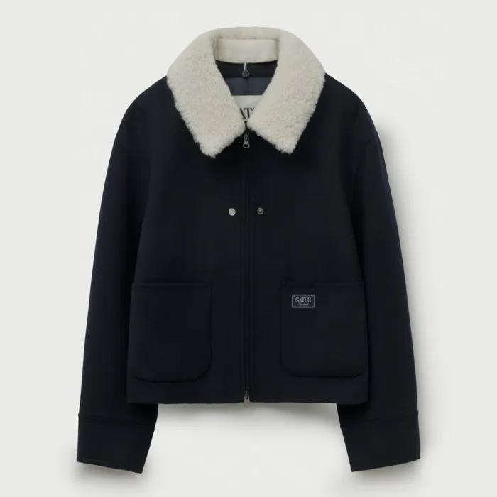 (W) 시어링 칼라 울 블렌드 자켓 네이비