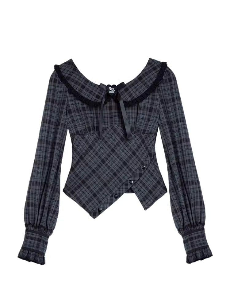 Sweet Cool Doll Neck Long Sleeve Plaid Top Shirt【s0000006497】