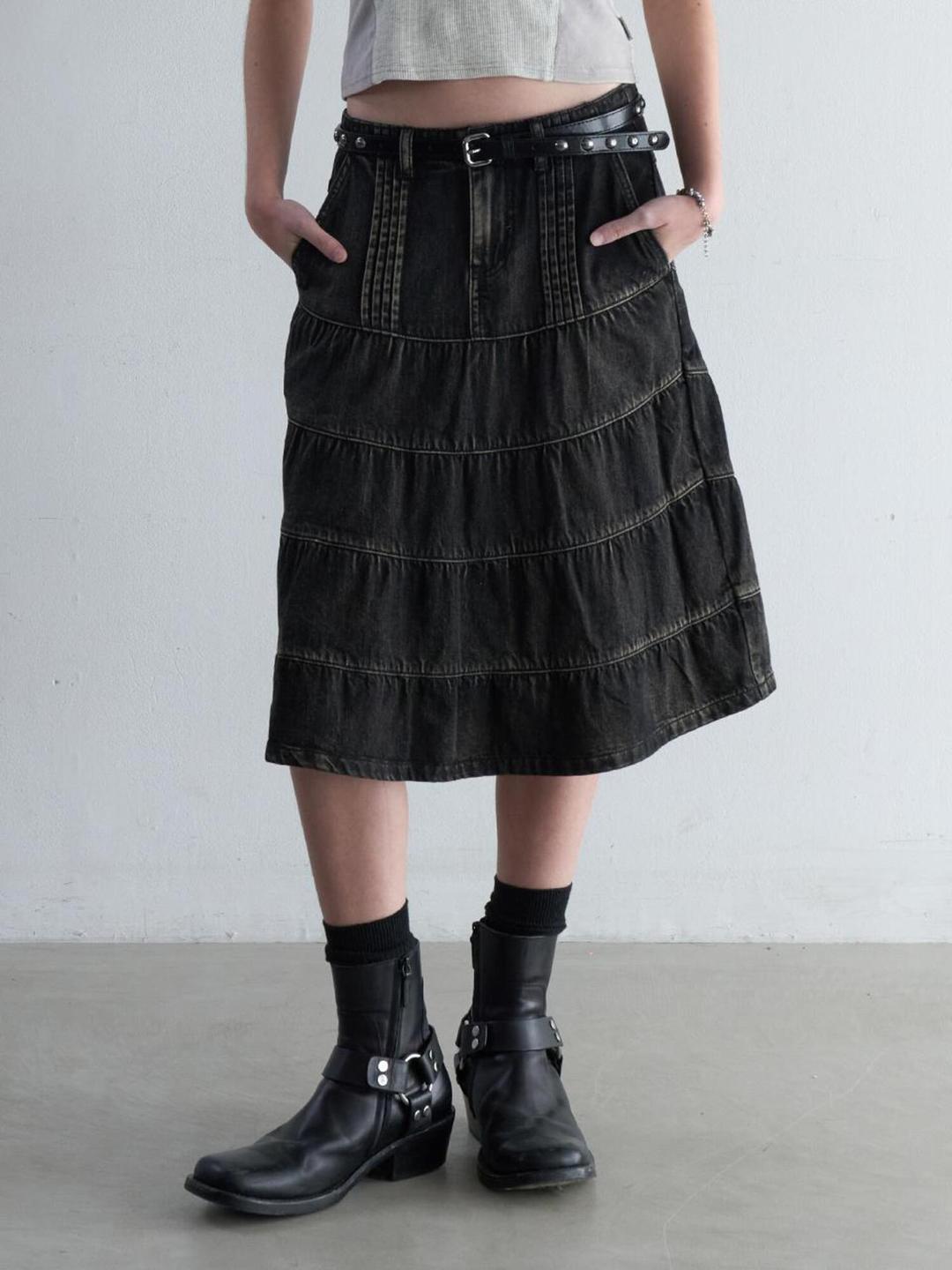FLARE MIDI DENIM SKIRT [BLACK]