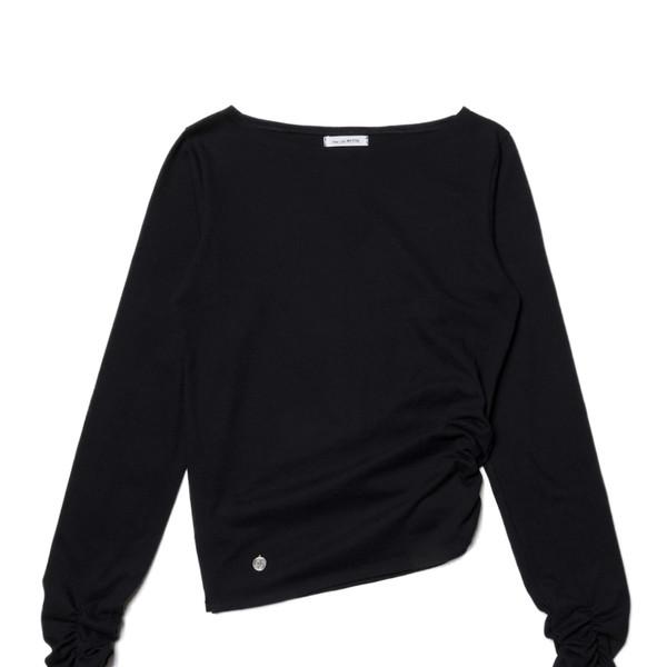 Boat-Neck Shirred Long Sleeve - Black