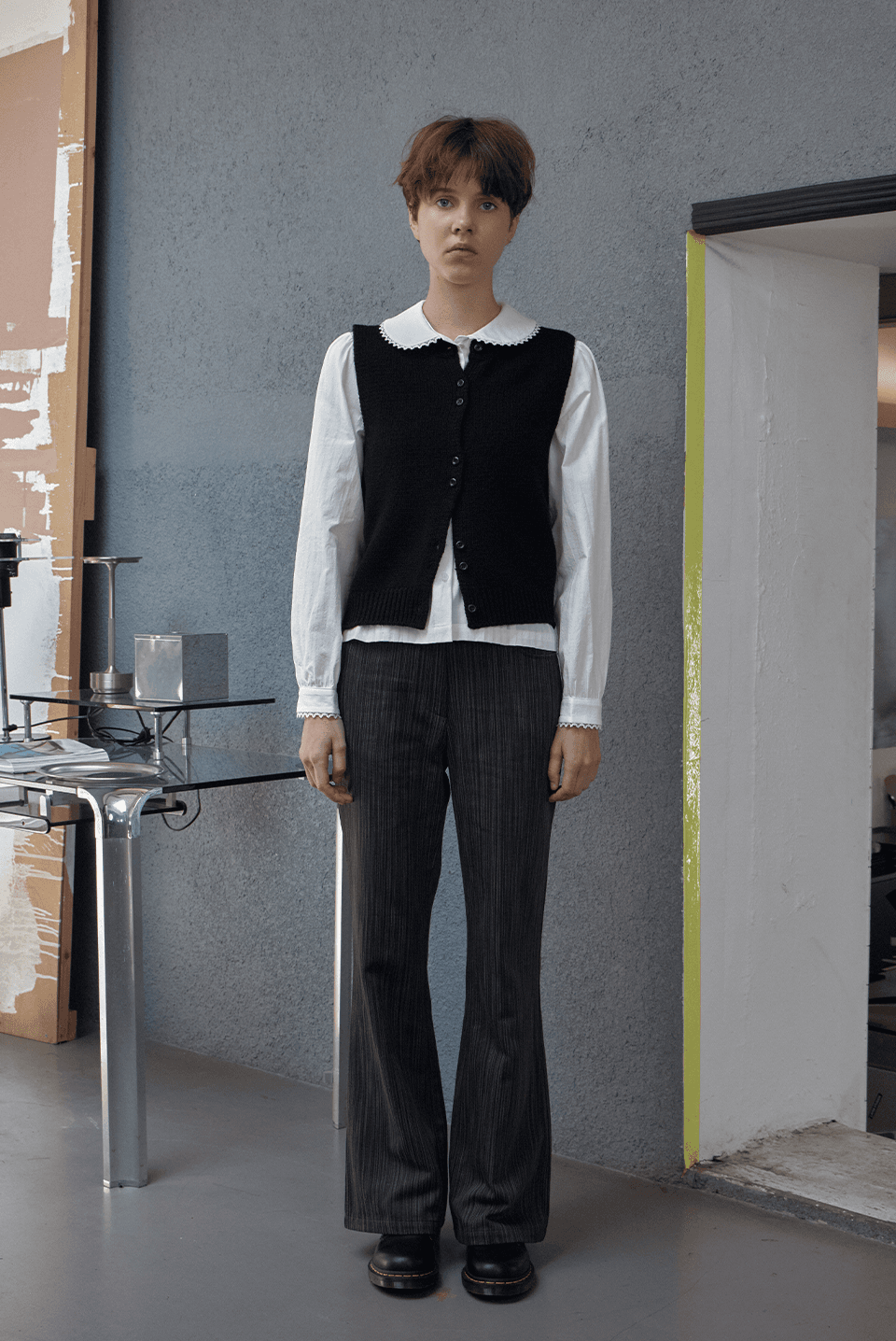 button knit vest - black