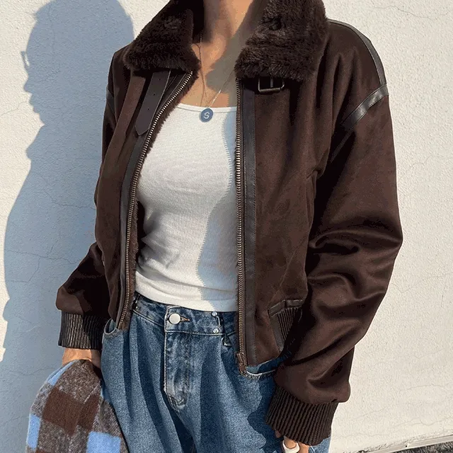 [블프특가/당일발송] 브라운 밍크 페이크퍼 크롭 가죽 블루종 무스탕 항공점퍼