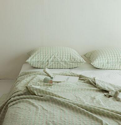 피크닉 체크 면리플 홑이불 겸 스프레드_apple mint