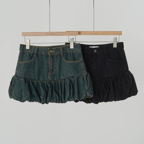 [S,M,L/2C] 볼륨 펌킨 데님 미니스커트 레이어드스커트 치마 청치마 벌룬스커트 데님스커트 펌킨스커트