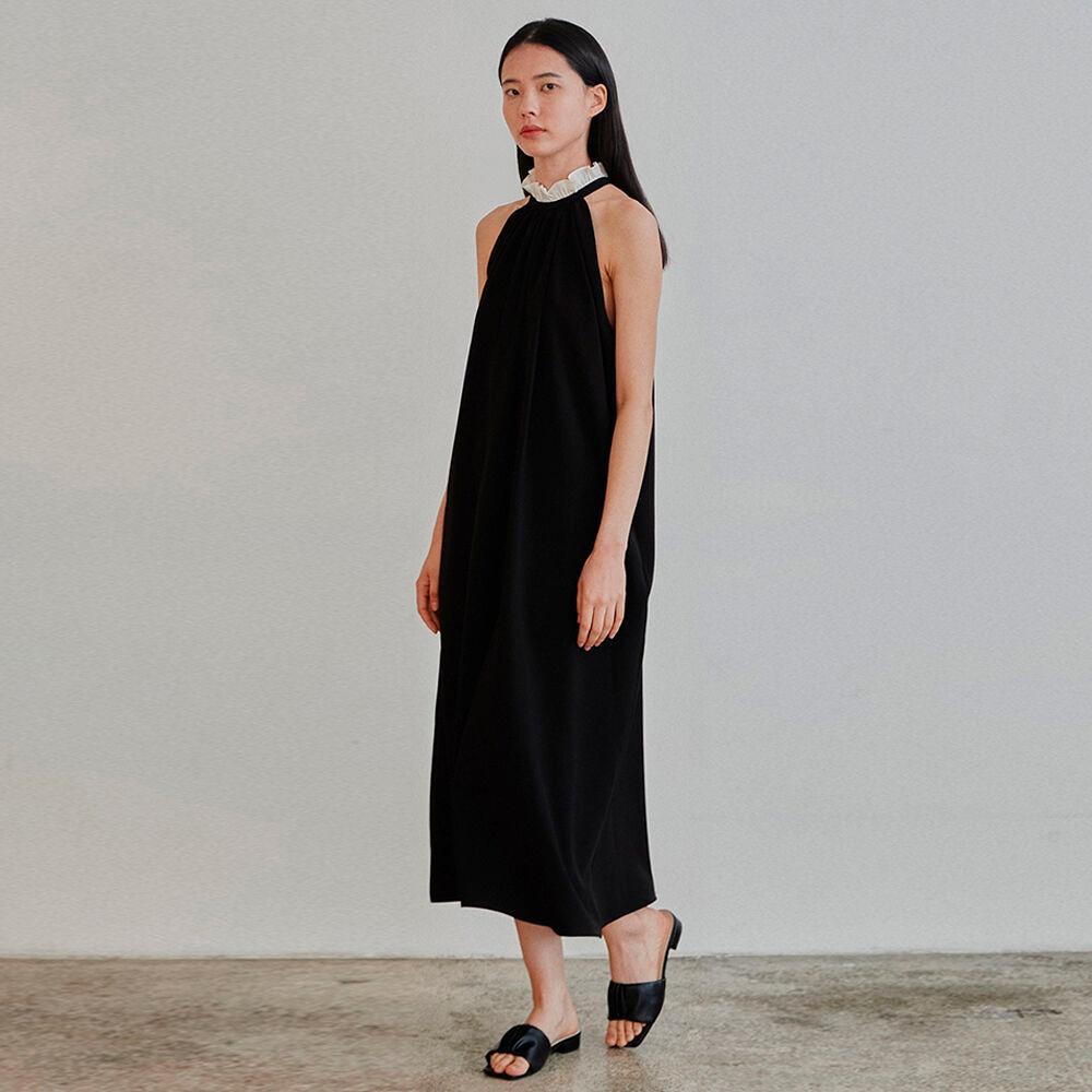 FRILL NECK HALTER MAXI DRESS - BLACK