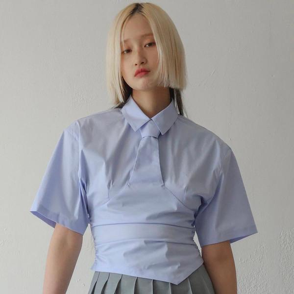 Half Sleeve Necktie Shirt - Sky blue