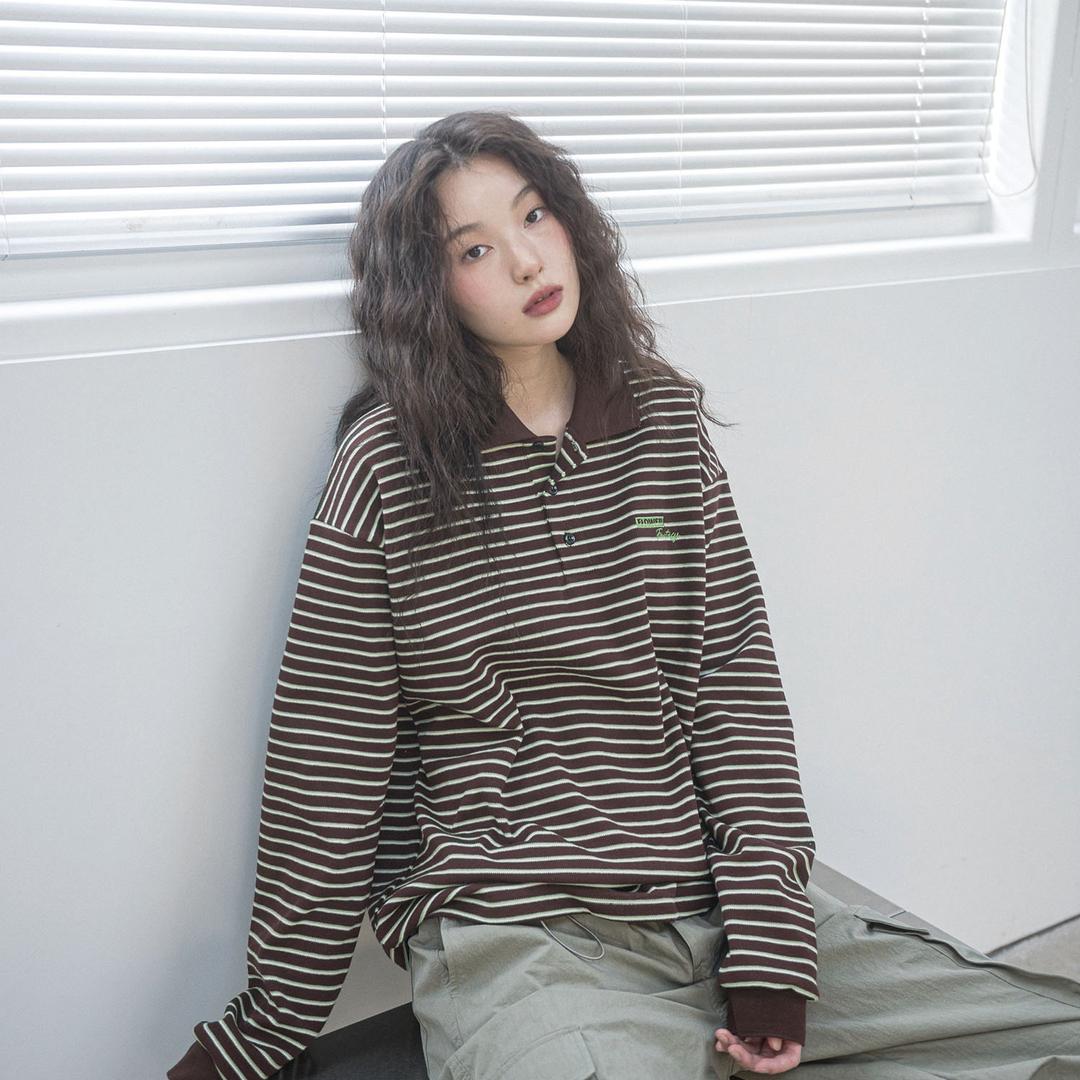 FF STRIPE COLLAR L/S TEE(BROWN)