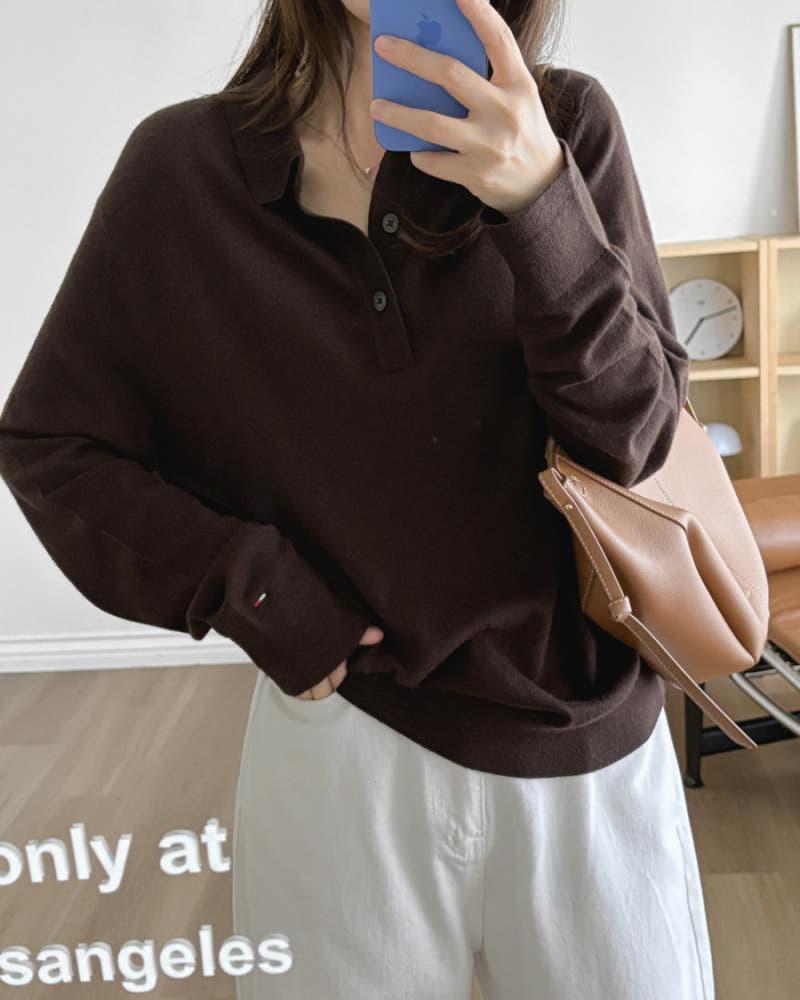 타미힐피거 남녀공용 카라넥 3버튼 울 블렌드 초코브라운 니트 스웨터