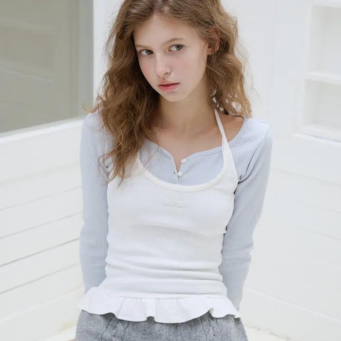 레터즈 프릴 라벨 홀터넥 탑 ( 화이트 )