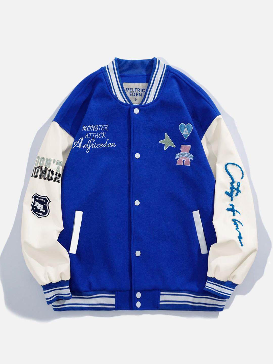 Aelfric Eden Patchwork Embroidery Varsity Jacket - Blue / S