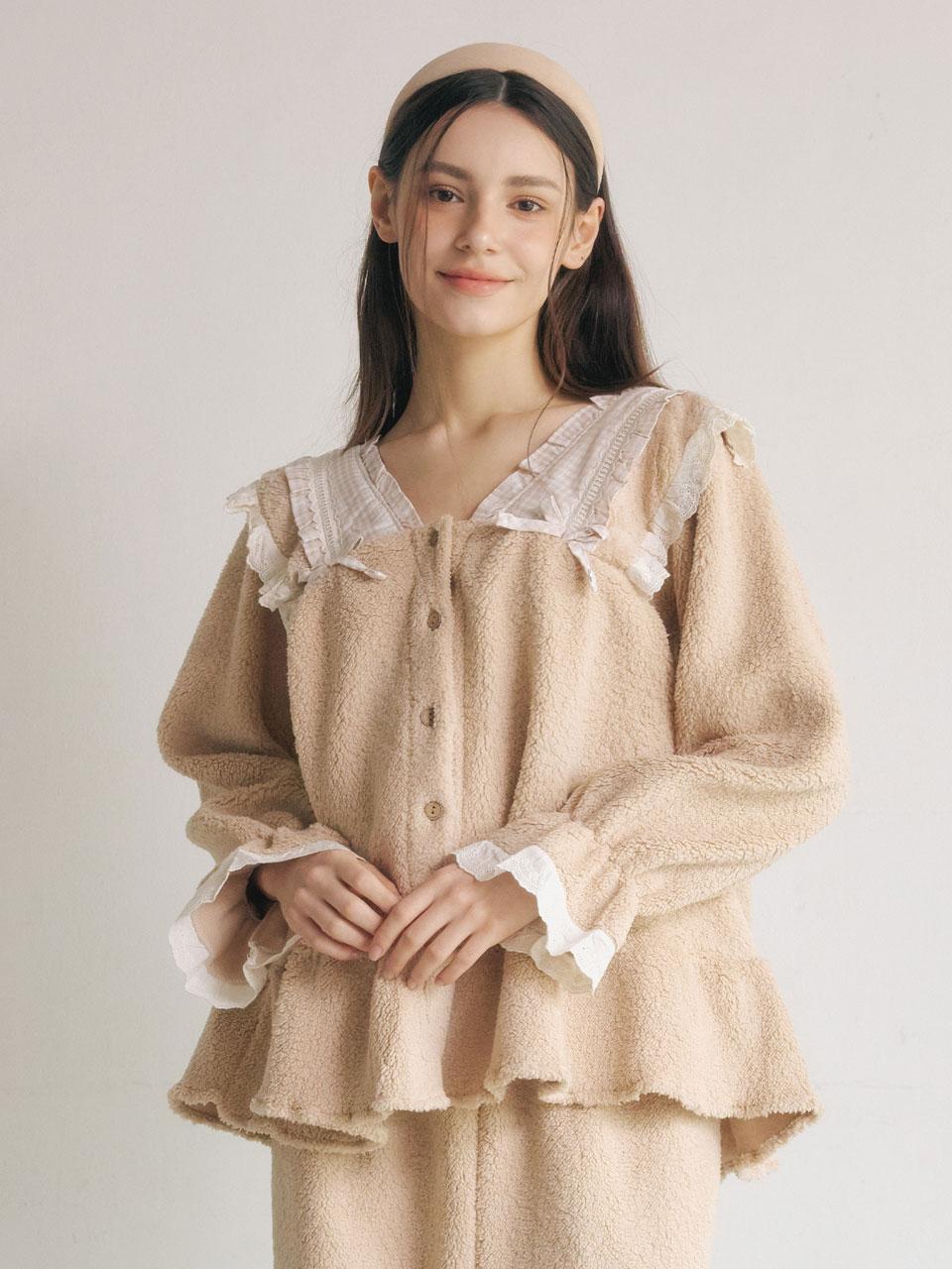 여성 조슈아 양털 긴소매 브이넥 투피스 잠옷 25-05531