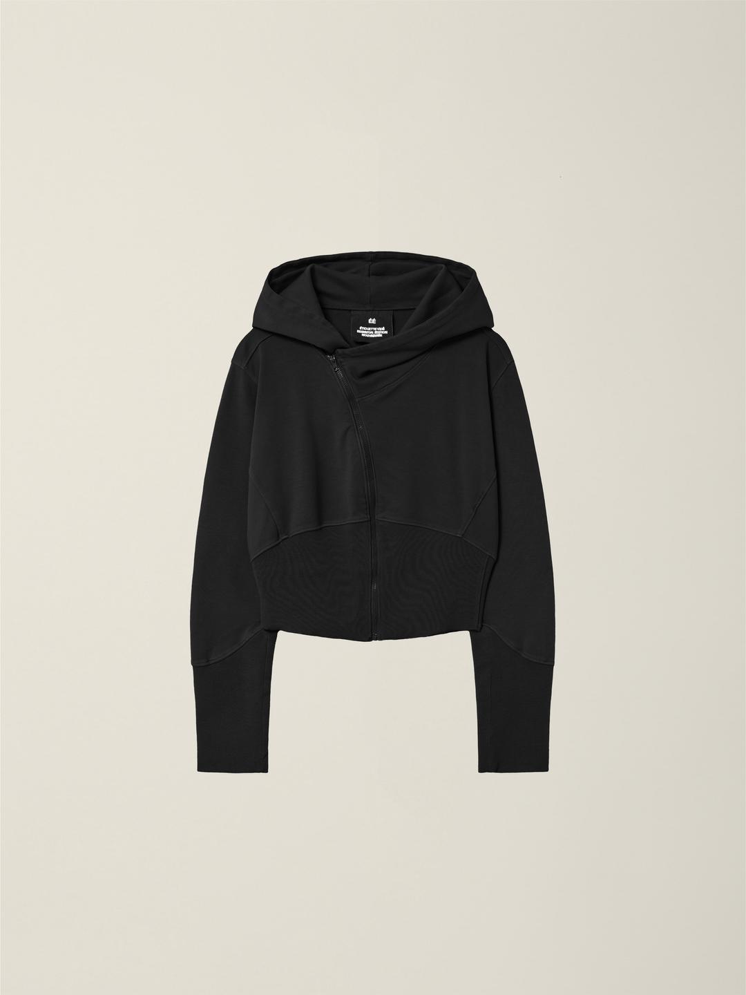 WOMENS GARMENT DYED CURVED HOODED ZIP JACKET  BLACK