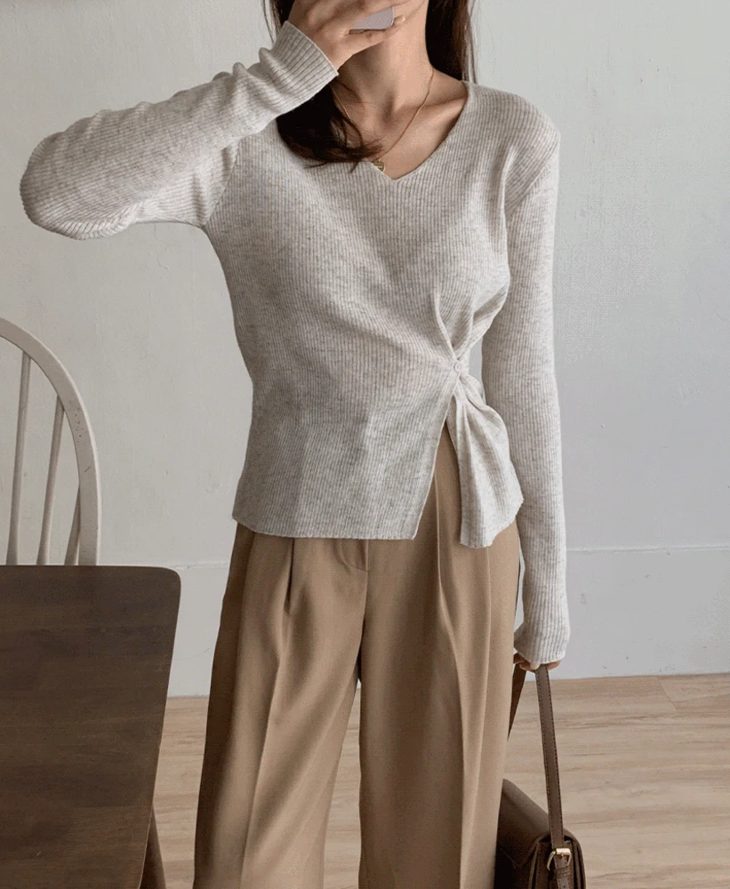 뱀부 간절기 투웨이 골지 랩 봄 가을 니트 (봄니트/ 브이넥니트/ 랩니트/출근룩/하객룩/데이트룩)