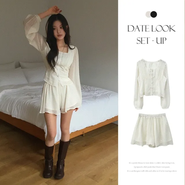 [set/문의대란💌] 맛나 퍼프 스퀘어넥 블라우스 + 스커트 치마바지 set