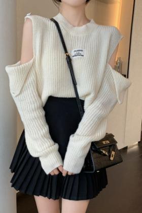 무료배송♥신플 숄더 트임 긴팔 골지 니트 탑 (블랙,화이트)